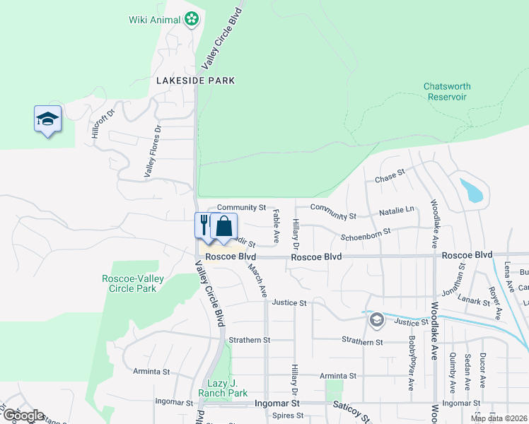 map of restaurants, bars, coffee shops, grocery stores, and more near 23642 Community Street in Los Angeles