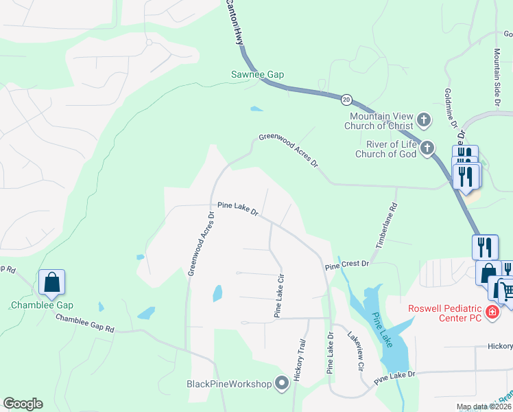 map of restaurants, bars, coffee shops, grocery stores, and more near 104 Pine Lake Drive in Cumming