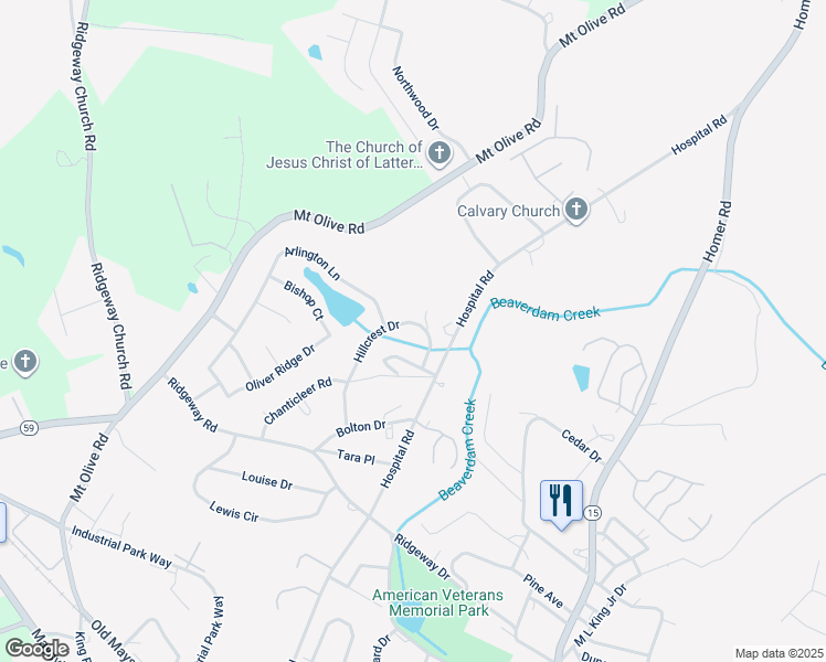 map of restaurants, bars, coffee shops, grocery stores, and more near 71 Hillcrest Drive in Commerce