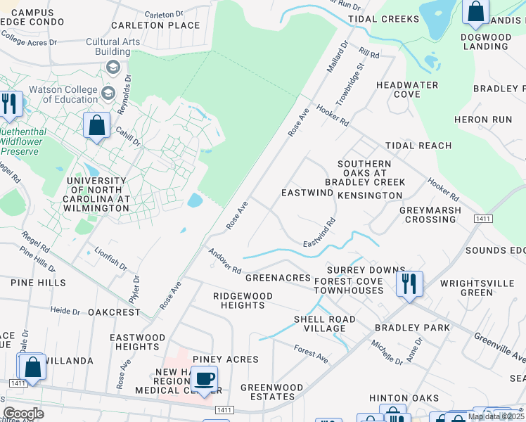 map of restaurants, bars, coffee shops, grocery stores, and more near 433 Camway Drive in Wilmington