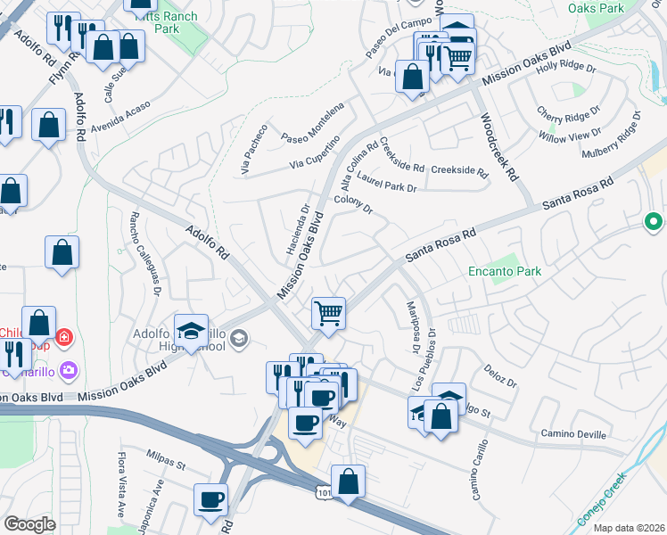 map of restaurants, bars, coffee shops, grocery stores, and more near 5004 Ladera Vista Drive in Camarillo