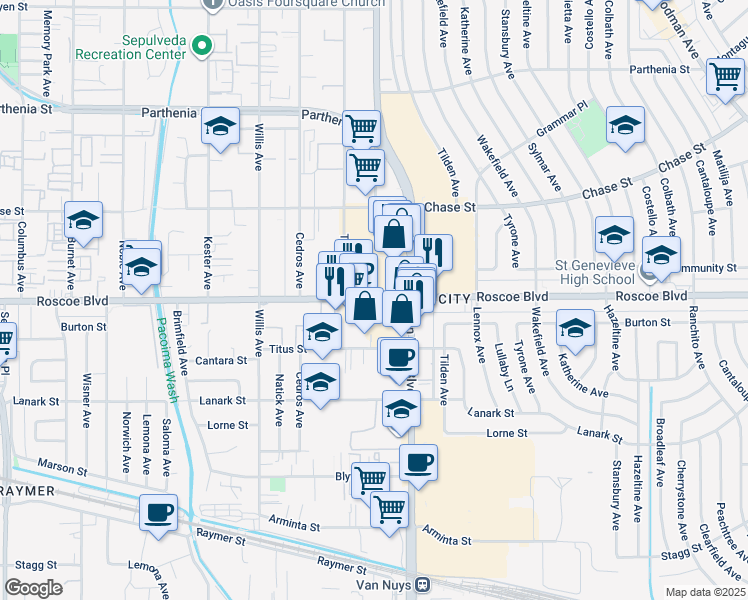 map of restaurants, bars, coffee shops, grocery stores, and more near 14600 Roscoe Boulevard in Los Angeles