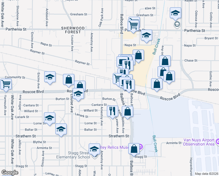map of restaurants, bars, coffee shops, grocery stores, and more near 17046 Roscoe Boulevard in Los Angeles