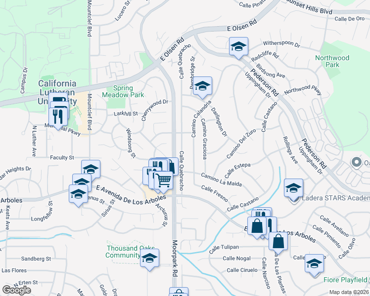 map of restaurants, bars, coffee shops, grocery stores, and more near 2962 Calle Quebracho in Thousand Oaks