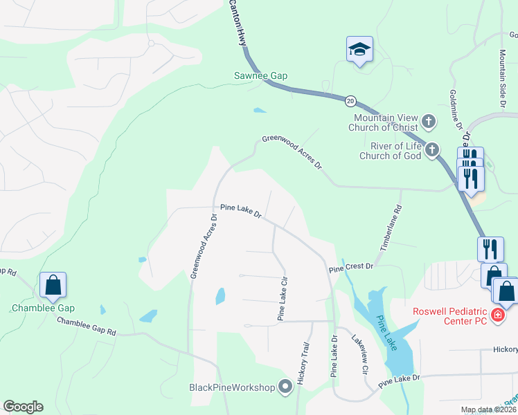 map of restaurants, bars, coffee shops, grocery stores, and more near 104 Pine Lake Drive in Cumming