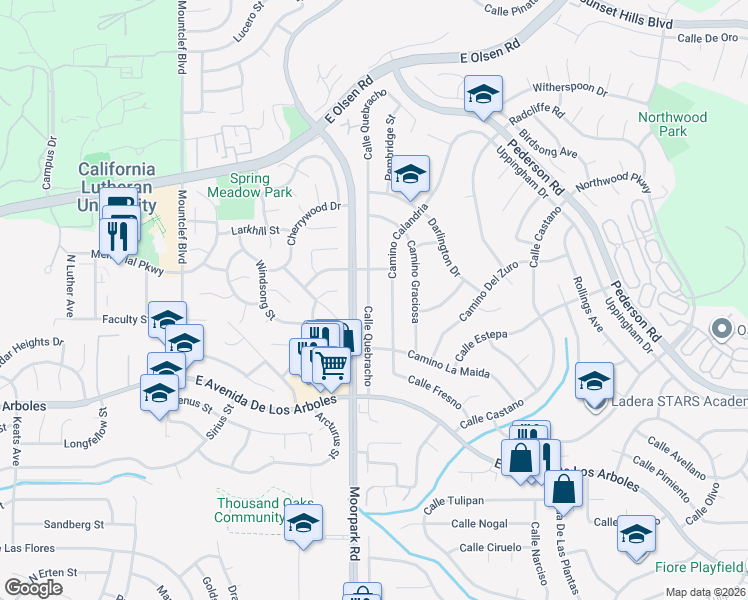 map of restaurants, bars, coffee shops, grocery stores, and more near 2962 Calle Quebracho in Thousand Oaks