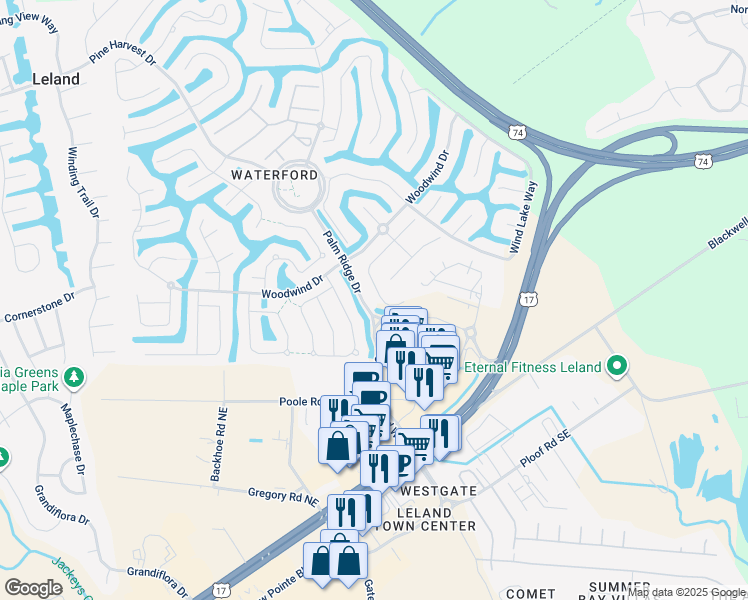 map of restaurants, bars, coffee shops, grocery stores, and more near 2030 Fanning Court in Leland