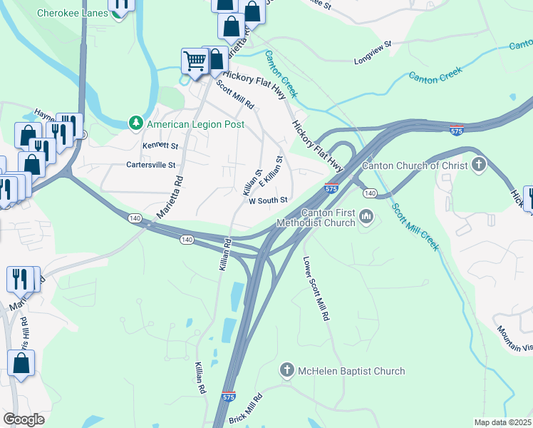 map of restaurants, bars, coffee shops, grocery stores, and more near 6300 Village Court in Canton