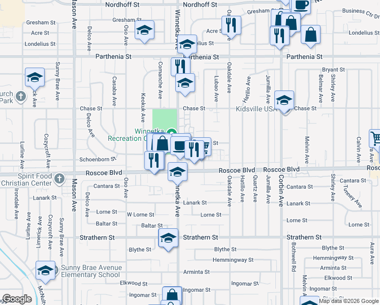 map of restaurants, bars, coffee shops, grocery stores, and more near 20032 Community Street in Los Angeles