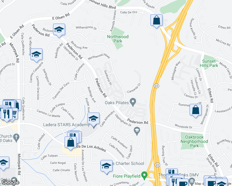 map of restaurants, bars, coffee shops, grocery stores, and more near 3077 Dutch Elm Circle in Thousand Oaks