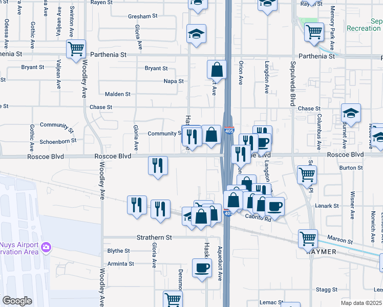 map of restaurants, bars, coffee shops, grocery stores, and more near 15759 Roscoe Boulevard in Los Angeles