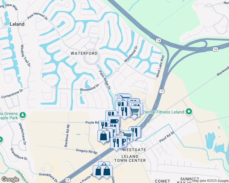map of restaurants, bars, coffee shops, grocery stores, and more near 2030 Fanning Court in Leland