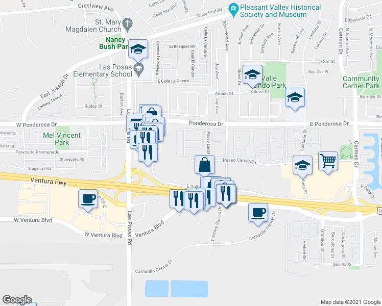 map of restaurants, bars, coffee shops, grocery stores, and more near 460 Paseo Del Valle in Camarillo