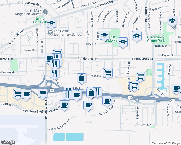 map of restaurants, bars, coffee shops, grocery stores, and more near 555 Rosewood Avenue in Camarillo