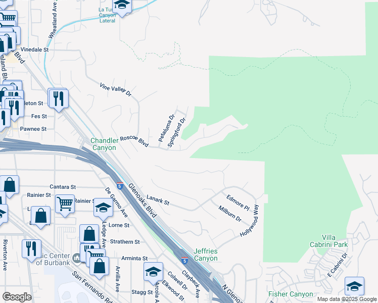 map of restaurants, bars, coffee shops, grocery stores, and more near 10066 Roscoe Boulevard in Los Angeles