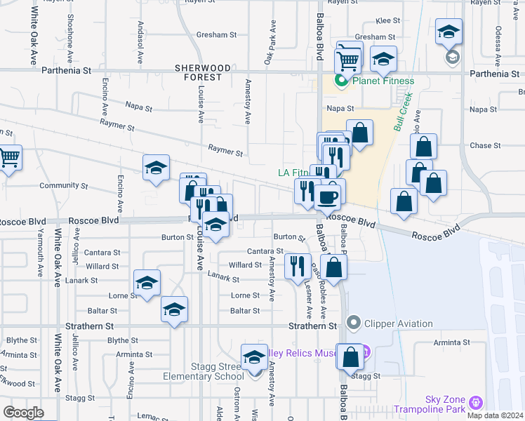 map of restaurants, bars, coffee shops, grocery stores, and more near 17155 Roscoe Boulevard in Los Angeles