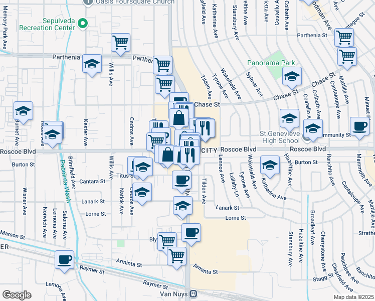 map of restaurants, bars, coffee shops, grocery stores, and more near 14125 Burton Street in Los Angeles