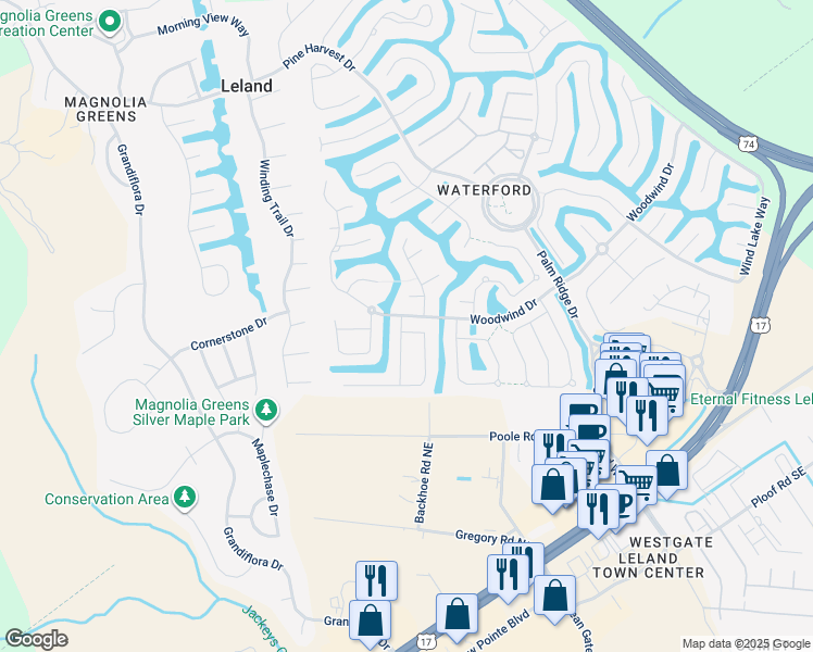 map of restaurants, bars, coffee shops, grocery stores, and more near 1101 Spring Glen Court in Leland