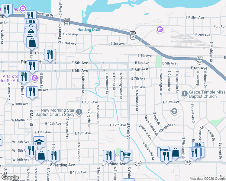 map of restaurants, bars, coffee shops, grocery stores, and more near 820 South Florida Street in Pine Bluff