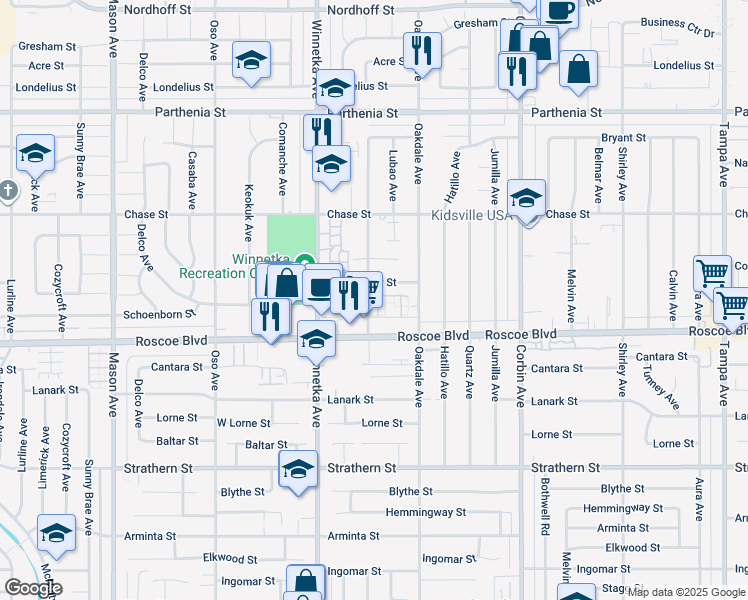 map of restaurants, bars, coffee shops, grocery stores, and more near 8348 Penfield Avenue in Los Angeles