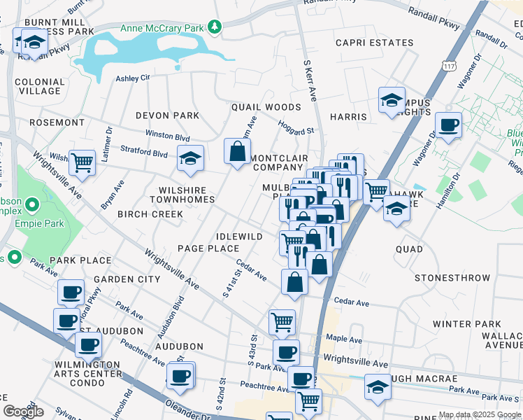 map of restaurants, bars, coffee shops, grocery stores, and more near 4009 Wilshire Boulevard in Wilmington