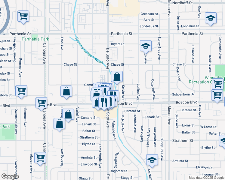map of restaurants, bars, coffee shops, grocery stores, and more near 20840 Community Street in Los Angeles