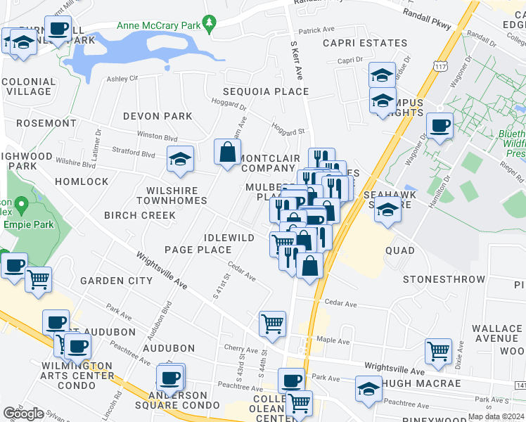 map of restaurants, bars, coffee shops, grocery stores, and more near 4107 Kenan Court in Wilmington