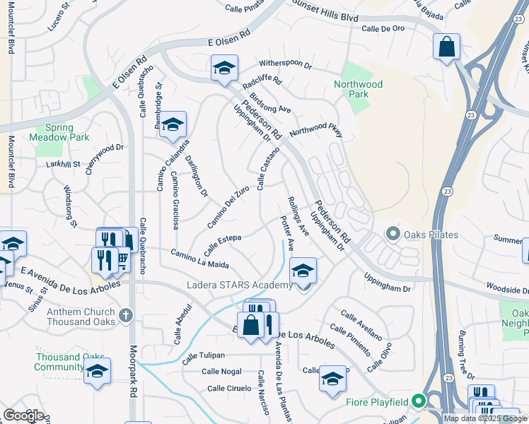 map of restaurants, bars, coffee shops, grocery stores, and more near 3138 Calle Estepa in Thousand Oaks
