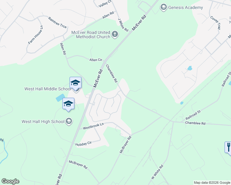 map of restaurants, bars, coffee shops, grocery stores, and more near 5319 McEver Road in Oakwood