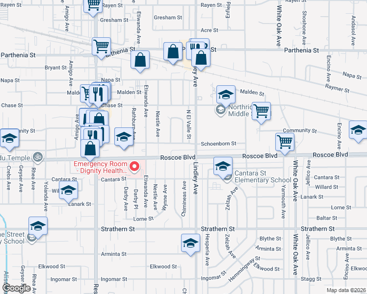 map of restaurants, bars, coffee shops, grocery stores, and more near 18133 Roscoe Boulevard in Los Angeles