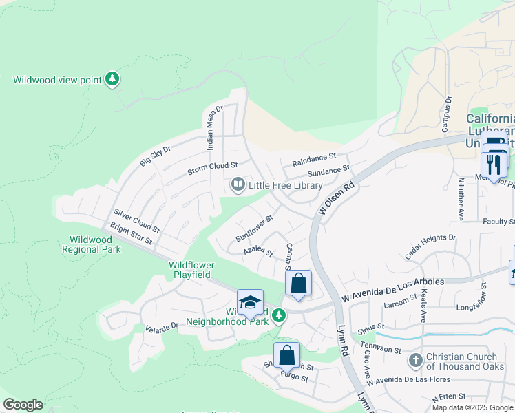 map of restaurants, bars, coffee shops, grocery stores, and more near 709 Zinnia Court in Thousand Oaks