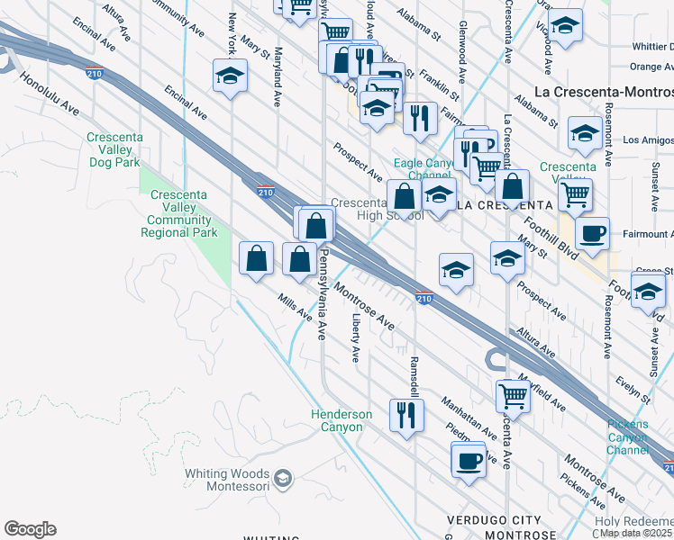 map of restaurants, bars, coffee shops, grocery stores, and more near in Glendale