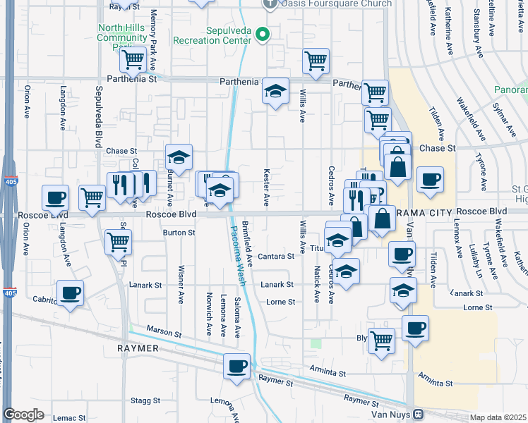 map of restaurants, bars, coffee shops, grocery stores, and more near 14914 Roscoe Boulevard in Los Angeles