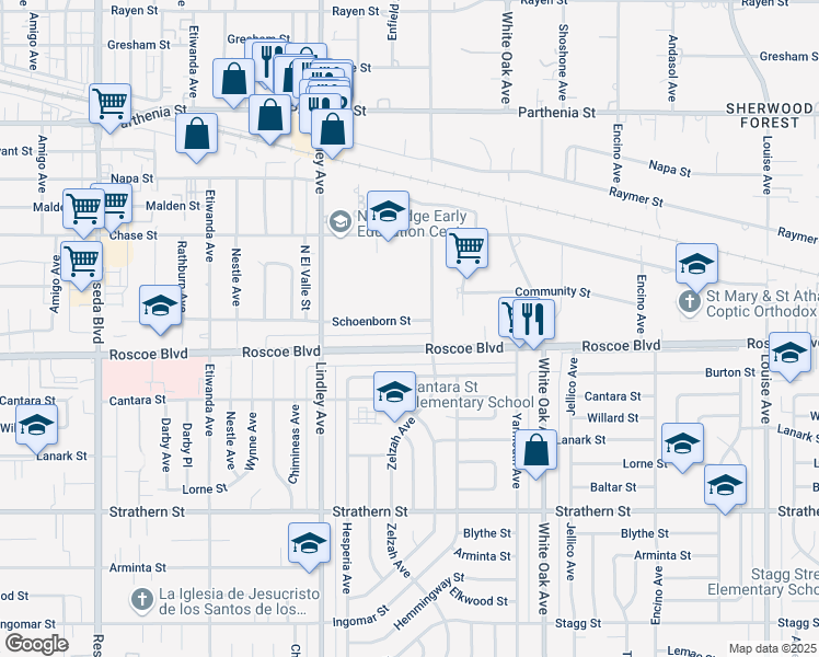 map of restaurants, bars, coffee shops, grocery stores, and more near 17921 Roscoe Boulevard in Los Angeles
