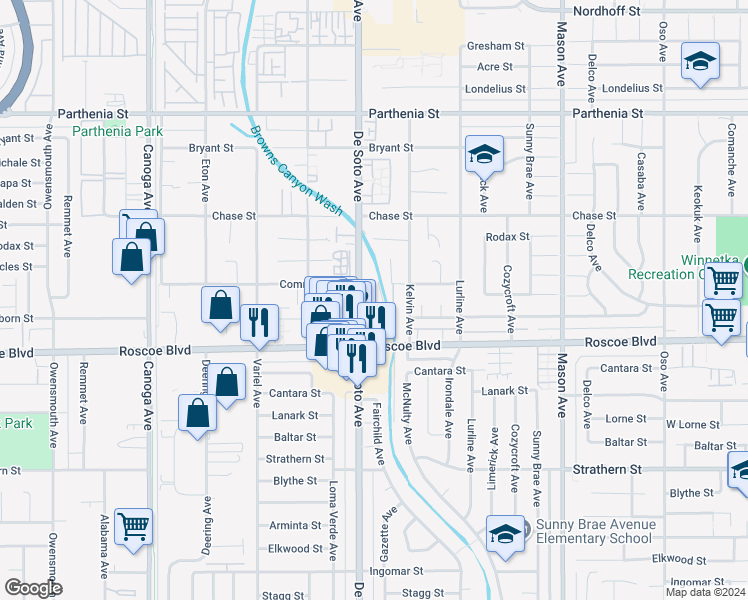 map of restaurants, bars, coffee shops, grocery stores, and more near 1 De Soto Avenue in Los Angeles
