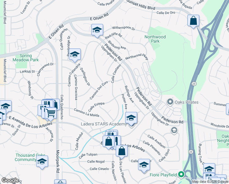 map of restaurants, bars, coffee shops, grocery stores, and more near 3138 Calle Estepa in Thousand Oaks