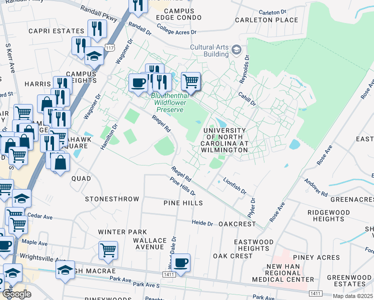 map of restaurants, bars, coffee shops, grocery stores, and more near 4941 Riegel Road in Wilmington