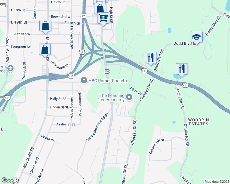 map of restaurants, bars, coffee shops, grocery stores, and more near 2105 Rockmart Road Southeast in Rome
