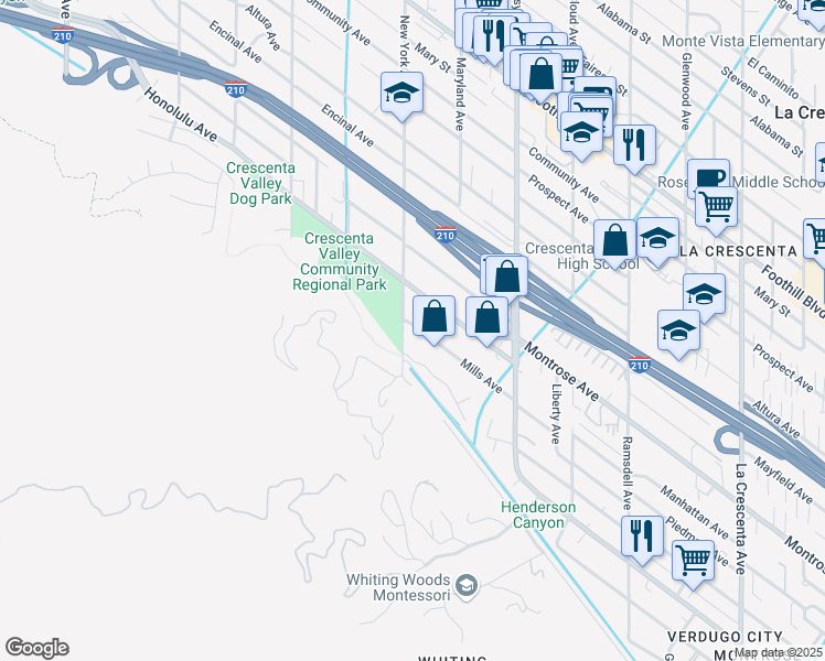 map of restaurants, bars, coffee shops, grocery stores, and more near 3354 Mills Avenue in Glendale