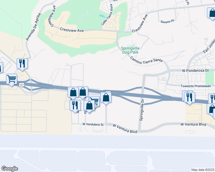 map of restaurants, bars, coffee shops, grocery stores, and more near in Camarillo