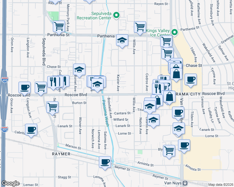 map of restaurants, bars, coffee shops, grocery stores, and more near 14914 Roscoe Boulevard in Los Angeles