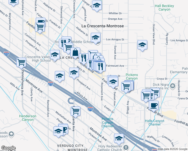 map of restaurants, bars, coffee shops, grocery stores, and more near 2626 Foothill Boulevard in La Crescenta-Montrose