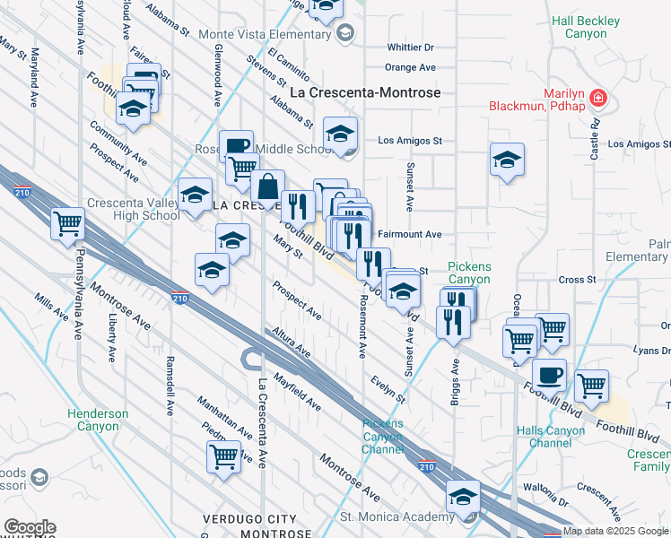 map of restaurants, bars, coffee shops, grocery stores, and more near 2626 Foothill Boulevard in La Crescenta-Montrose