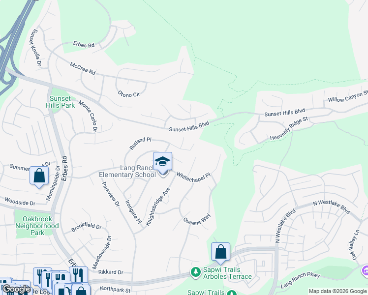 map of restaurants, bars, coffee shops, grocery stores, and more near 3100 Woodgreen Court in Thousand Oaks