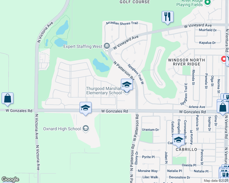 map of restaurants, bars, coffee shops, grocery stores, and more near 1970 Hazeltine Drive in Oxnard