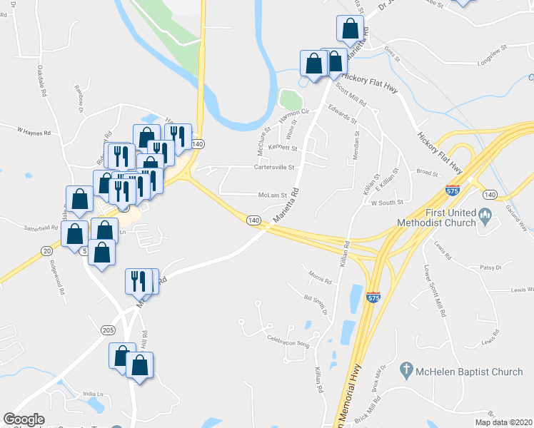 map of restaurants, bars, coffee shops, grocery stores, and more near 150 Old Marietta Road in Canton