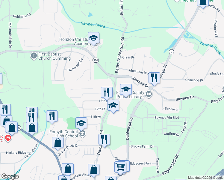 map of restaurants, bars, coffee shops, grocery stores, and more near 1006 Tribble Gap Road in Cumming