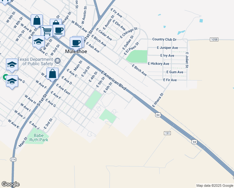 map of restaurants, bars, coffee shops, grocery stores, and more near 100 East 7th Street in Muleshoe