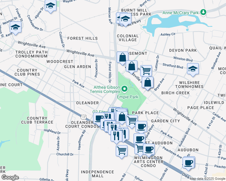 map of restaurants, bars, coffee shops, grocery stores, and more near 1201 Forest Hills Drive in Wilmington