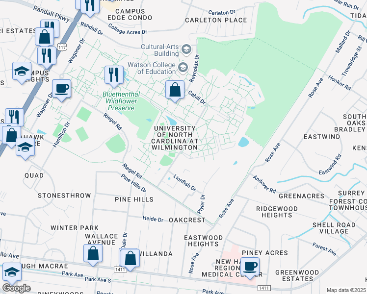 map of restaurants, bars, coffee shops, grocery stores, and more near Walton Drive in Wilmington
